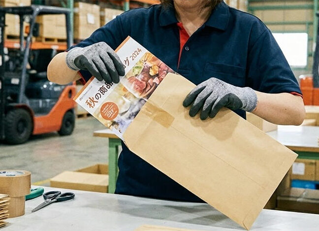 カタログを封筒に入れる