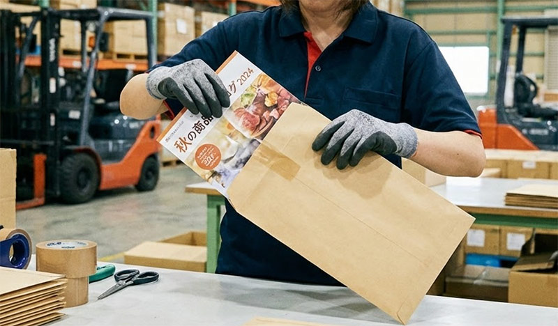 カタログを封筒に入れる